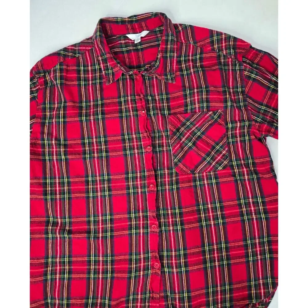 Time and Tru Red Plaid Flannel Shirt XL Cotton Button Front Tartan Fall